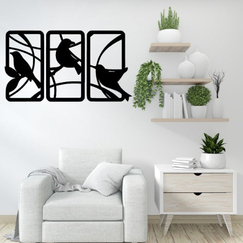 Handcrafted Wooden Sparrow Wall Decor – Nature-Inspired 3 Panel Wall Art for Home & Office