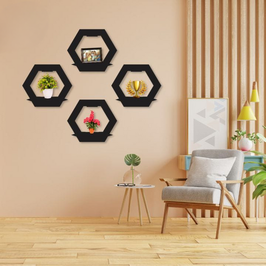(3 pcs set ) Hexagon Shape 3D Wooden Wall Shelf | Wall Shelves for Home Decor Living Room / for Kids Room and Girls Room and for Gift Items