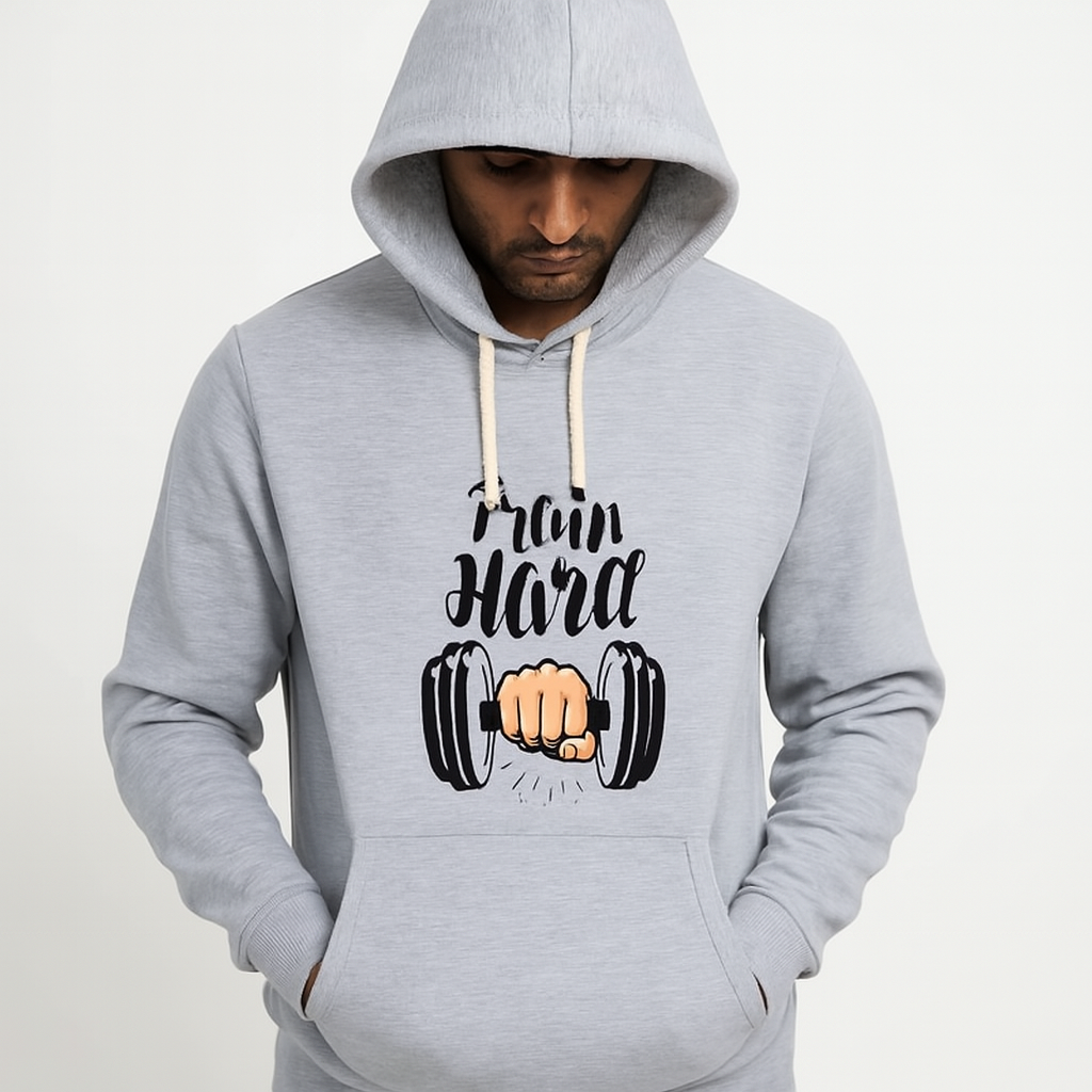 Train Hard Grey Hoodie for Men & Boys – Premium Winter Collection