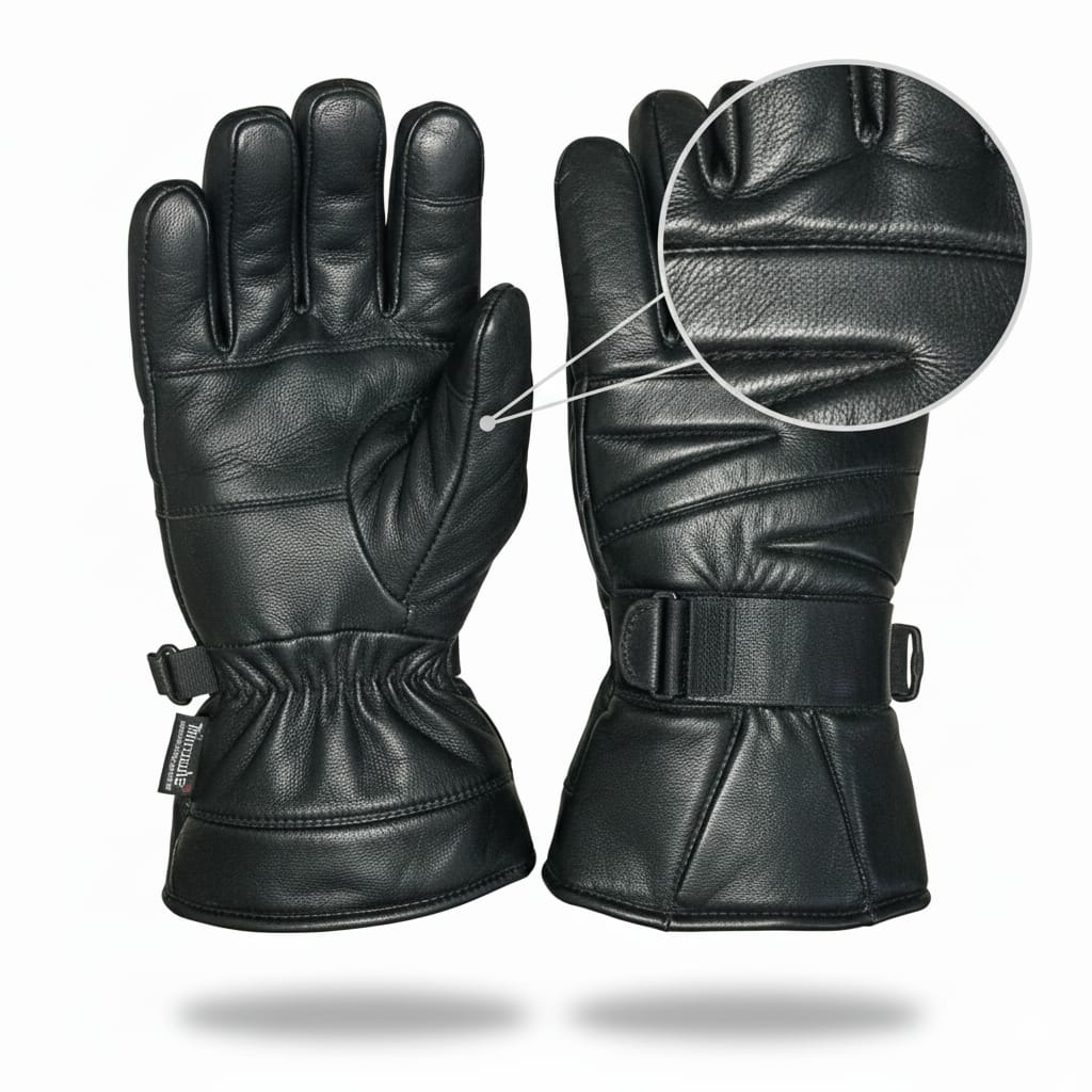 Men’s Genuine Sheep Leather Winter Gloves – Black Motorcycle Riding Gloves with Warm Lining