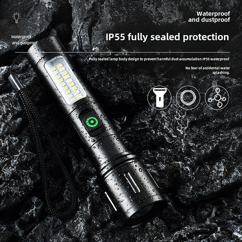 Rechargeable Flashlight With Dual Lights And Emergency Light | Powerful LED Torch With Adjustable Brightness