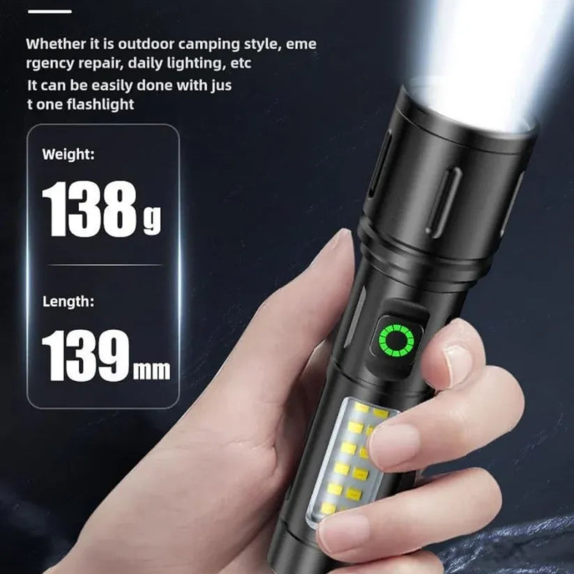 Rechargeable Flashlight With Dual Lights And Emergency Light | Powerful LED Torch With Adjustable Brightness