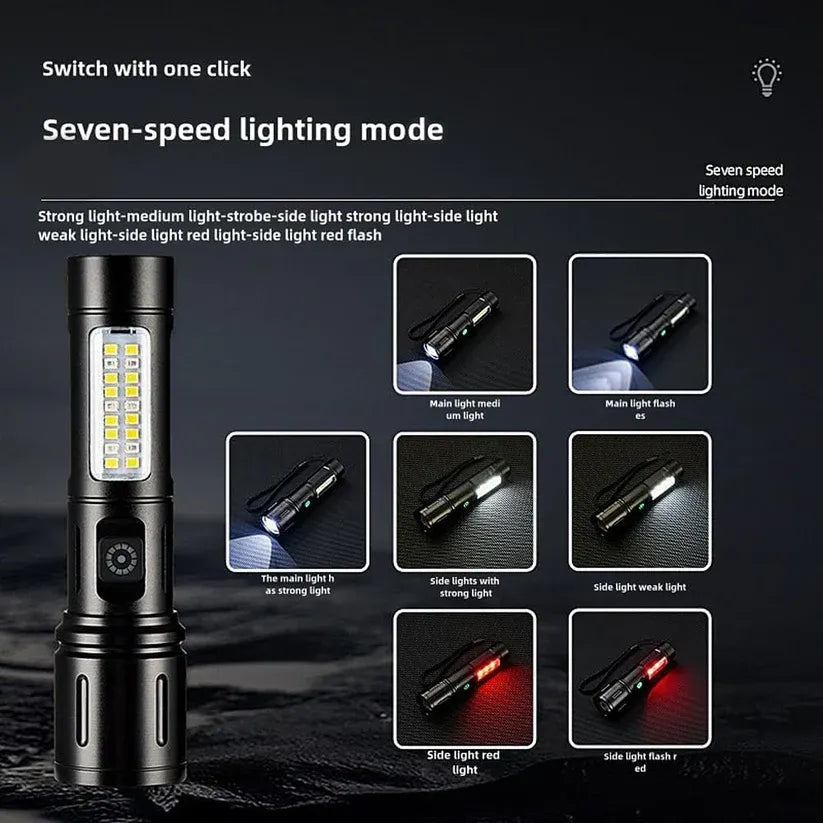 Rechargeable Flashlight With Dual Lights And Emergency Light | Powerful LED Torch With Adjustable Brightness