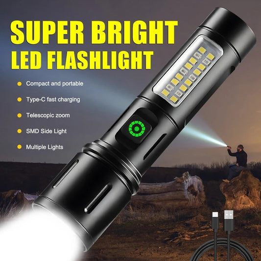 Rechargeable Flashlight With Dual Lights And Emergency Light | Powerful LED Torch With Adjustable Brightness
