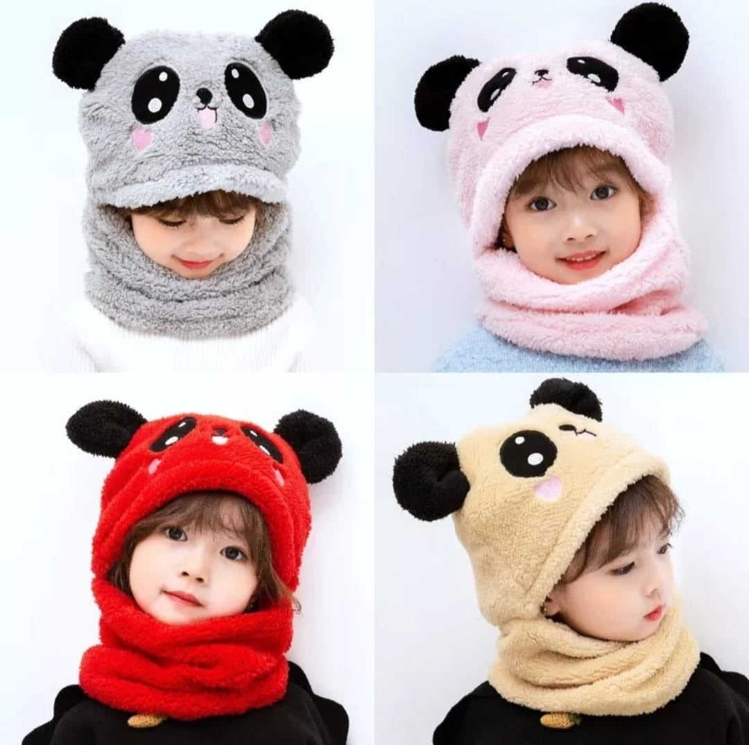 Kids Winter Panda Wool Cap With Neck Warmer – Warm And Cozy Cartoon Panda Design Baby Cap For Winter Protection