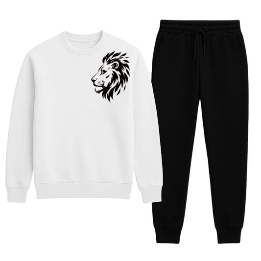 LION Printed White Tracksuit Sweatshirt & Trouser